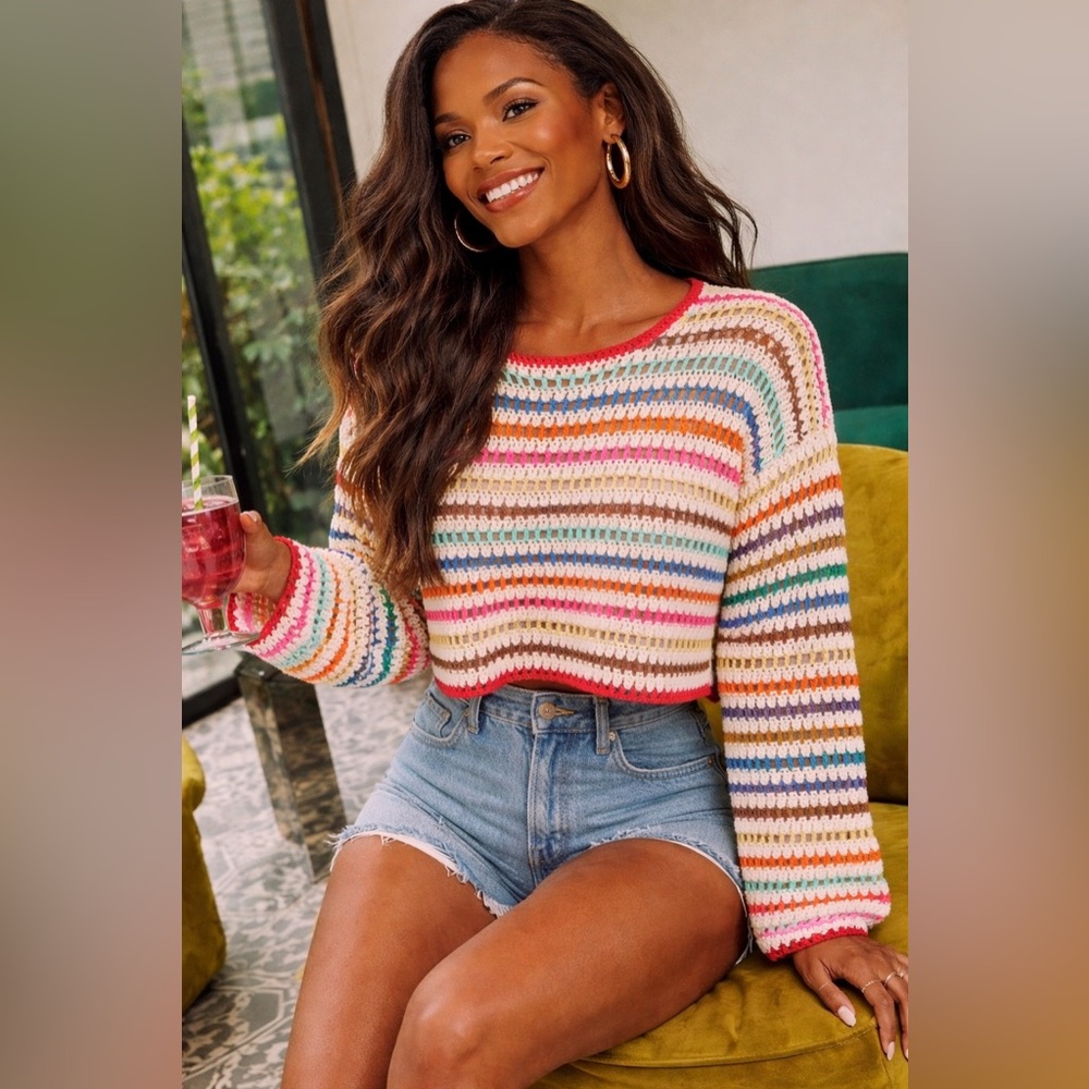 NWOT VICI Jinnie multicolor crochet striped sweater, size medium